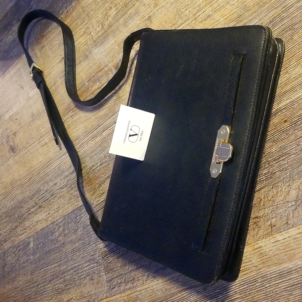 Valentino Garavani Gold Closure Vintage Black All Leather Shoulder Crossbody Bag